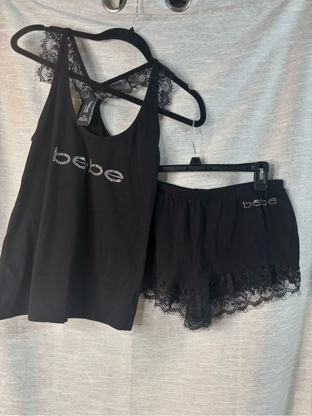 bebe Black Lace-Trim Tank & Short Sleep Set with Rhinestone Logo